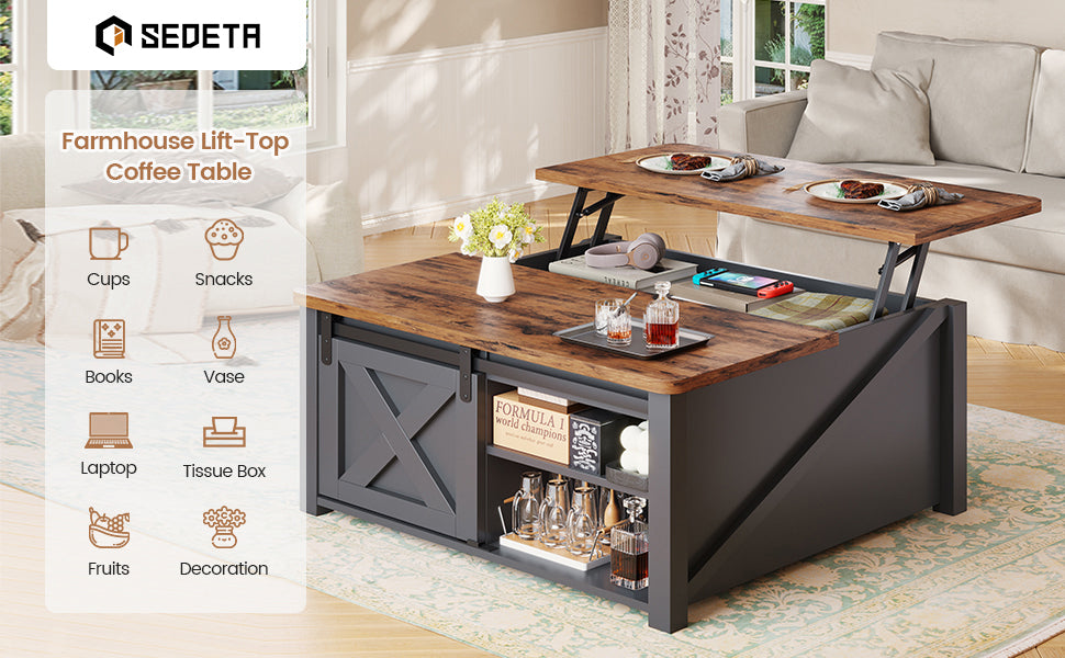 SEDETA 31.5-Inch Square Lift-Top Coffee Table, Black