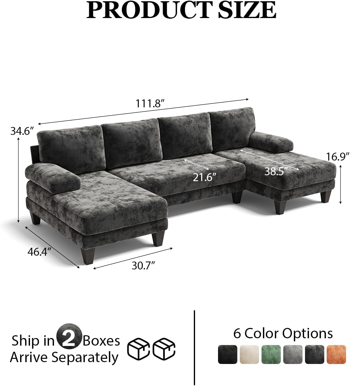 TROMIRY 112-Inch U-Shaped Chenille Sectional Sofa, Dark Grey
