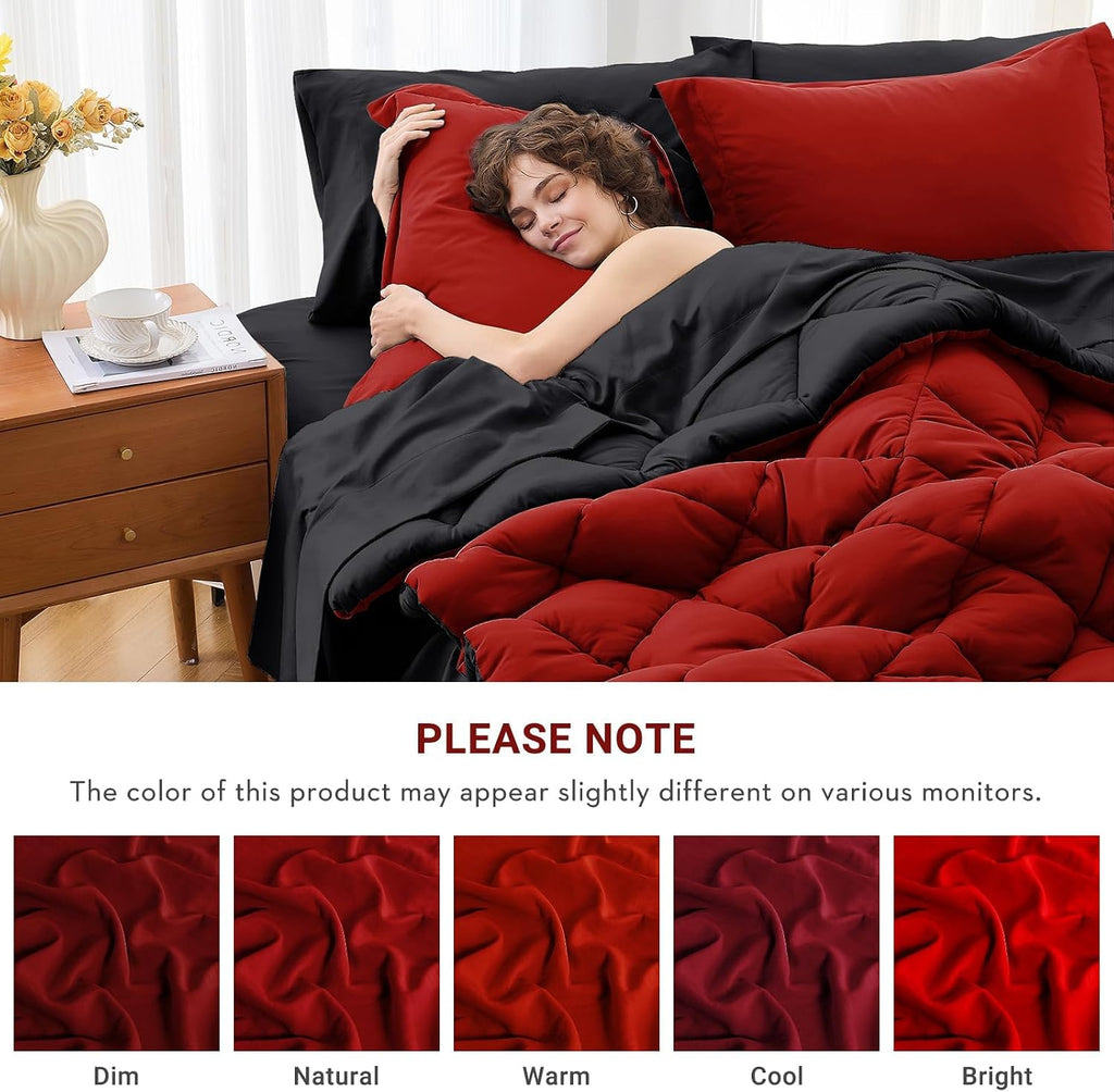 MUXHOMO Reversible Queen Bedding Set, 7 Pieces, Red and Black