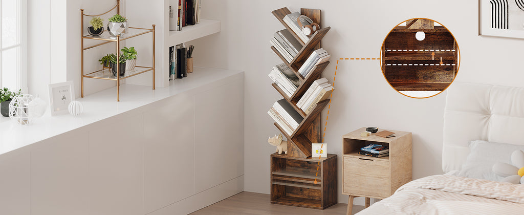SUNMORY Six-Tier Tree Bookshelf with Storage, Brown
