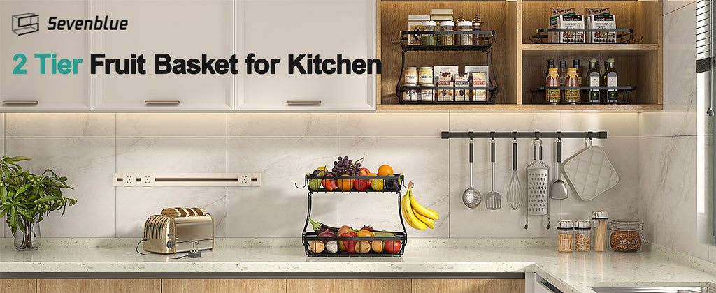 Sevenblue Two-Tier Fruit Basket with Banana Hooks, Black