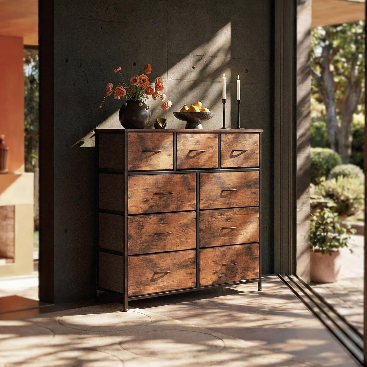 WLIVE 9-Drawer Fabric Dresser in Rustic Brown