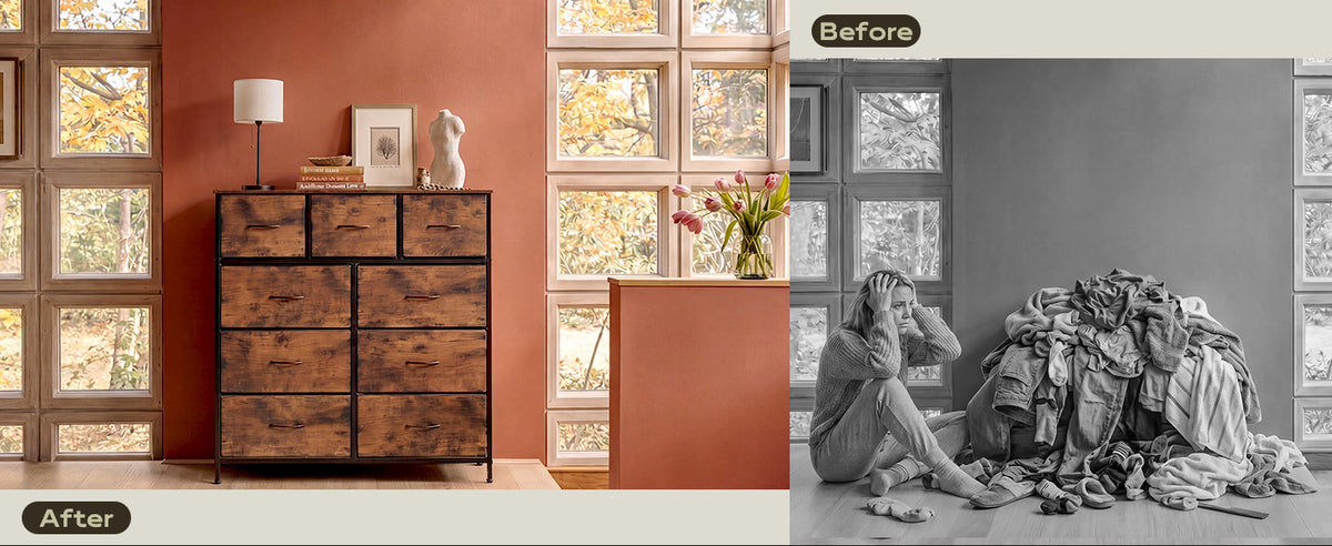 WLIVE 9-Drawer Fabric Dresser in Rustic Brown