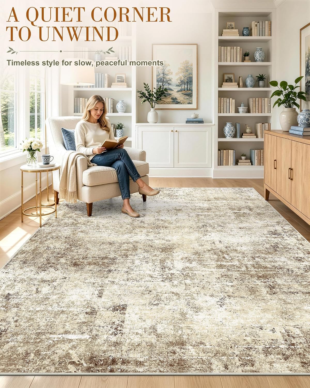 OLANLY Beige Abstract Washable Area Rug