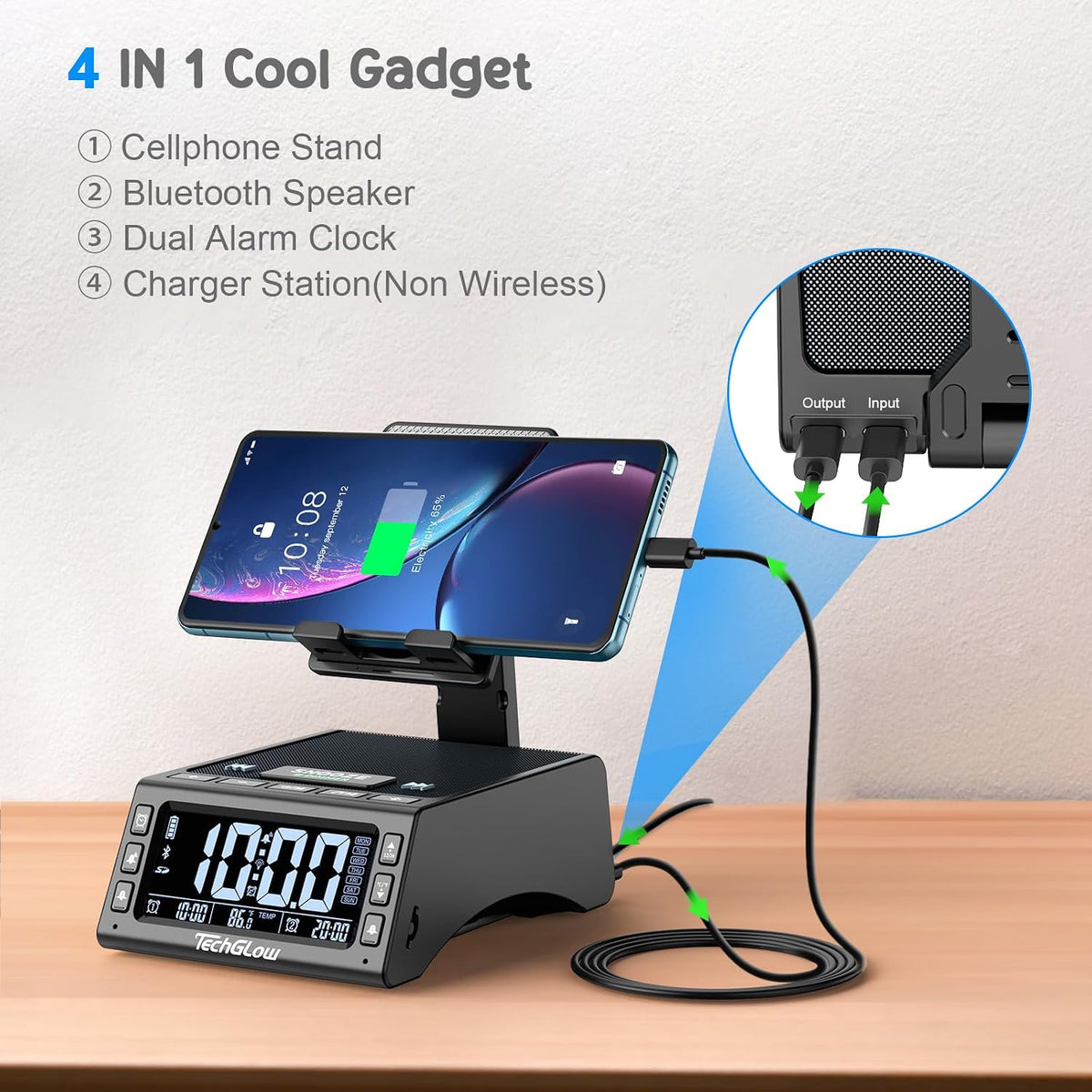 TechGlow Bluetooth Speaker Stand with Dual Alarm Clock, Black