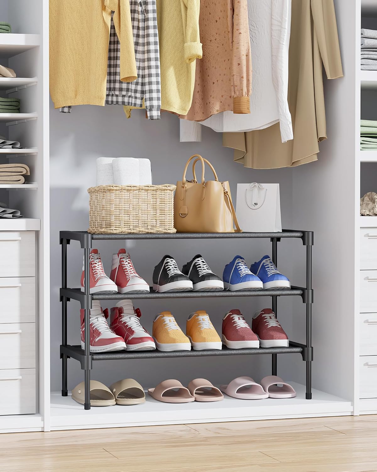 Kitsure Three-Tier Shoe Rack, Black, 27.5 in
