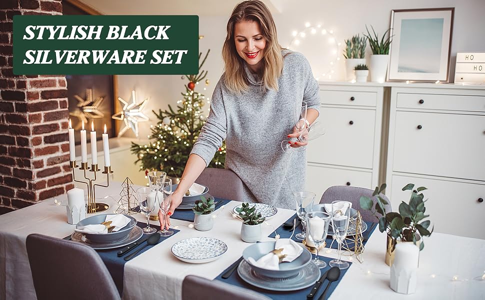 EWFEN Black Flatware with Steak Knives, 24-Piece Set