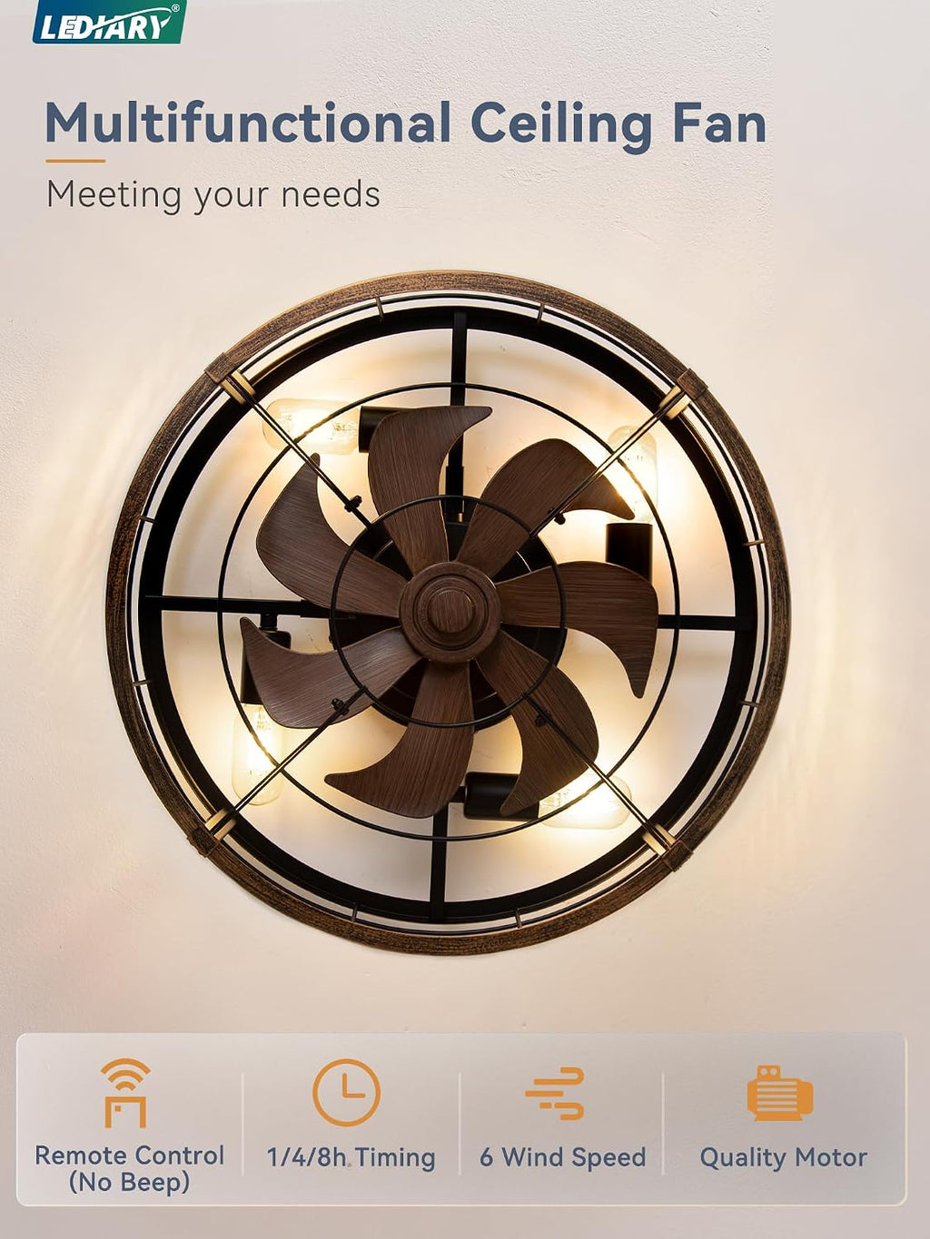 LEDIARY 20-Inch Caged Ceiling Fan, Black and Gold