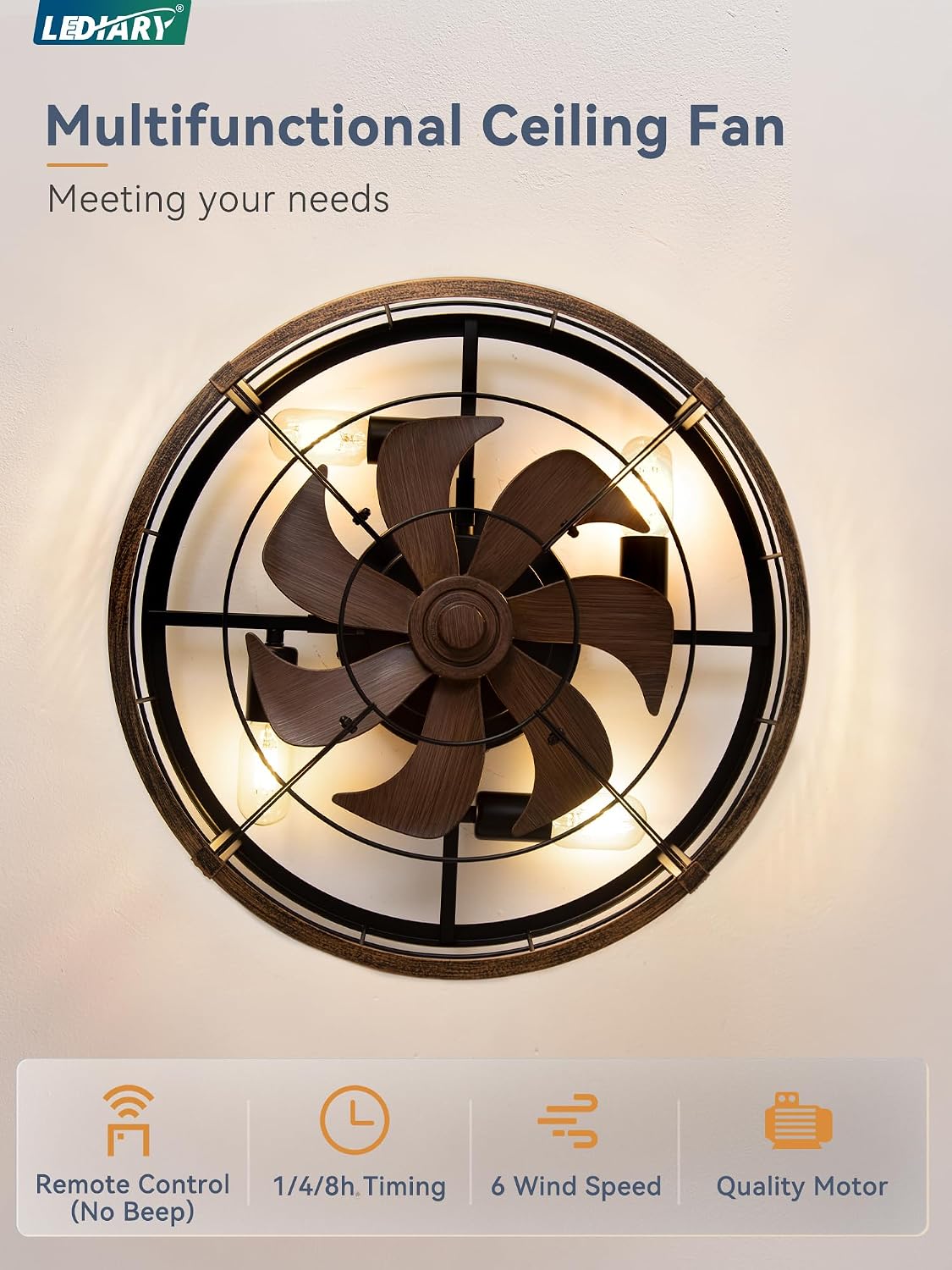 LEDIARY 20-Inch Caged Ceiling Fan, Black and Gold
