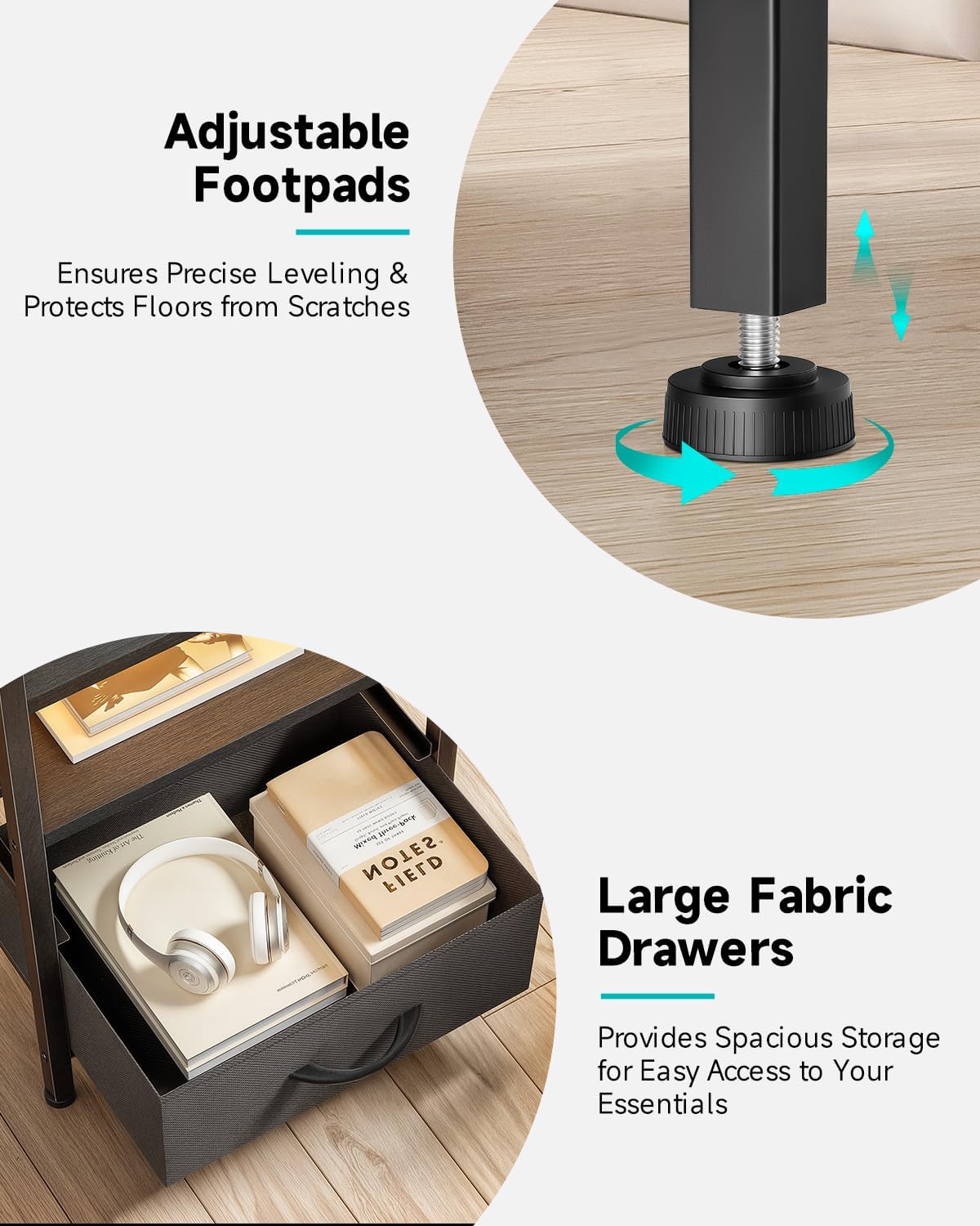 Lazzanto Two-Drawer Nightstand with Charging Station and LED Light, Black