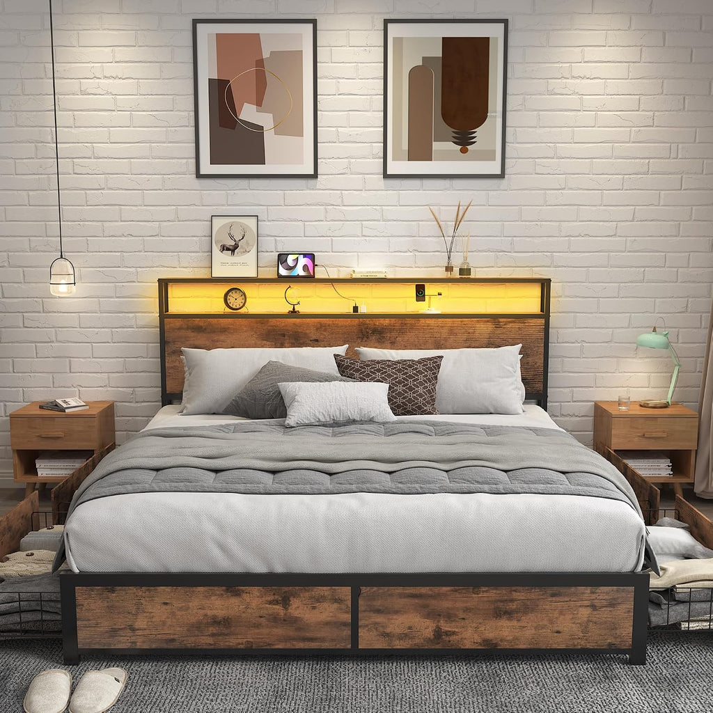 Lifezone Queen Storage Bed Frame with Charging Headboard and LED Lighting