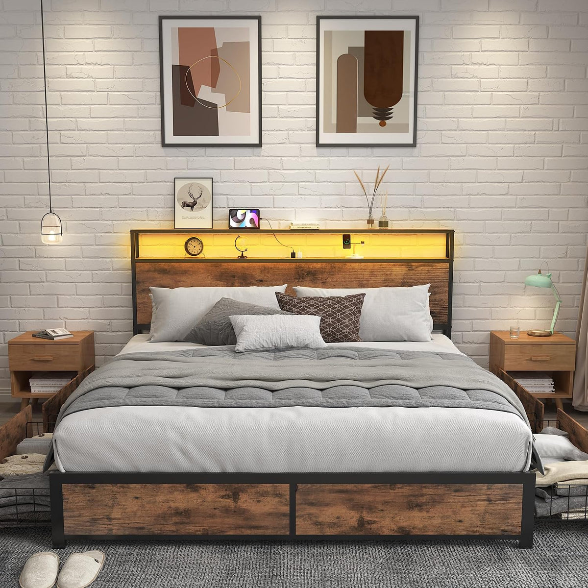 Lifezone Queen Storage Bed Frame with Charging Headboard and LED Lighting