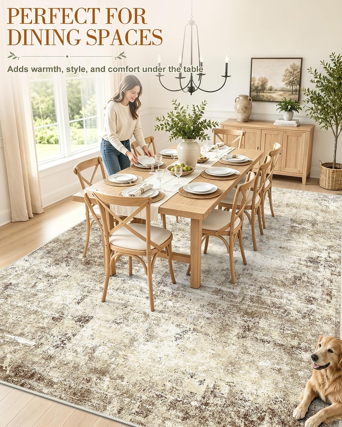 OLANLY Beige Abstract Washable Area Rug