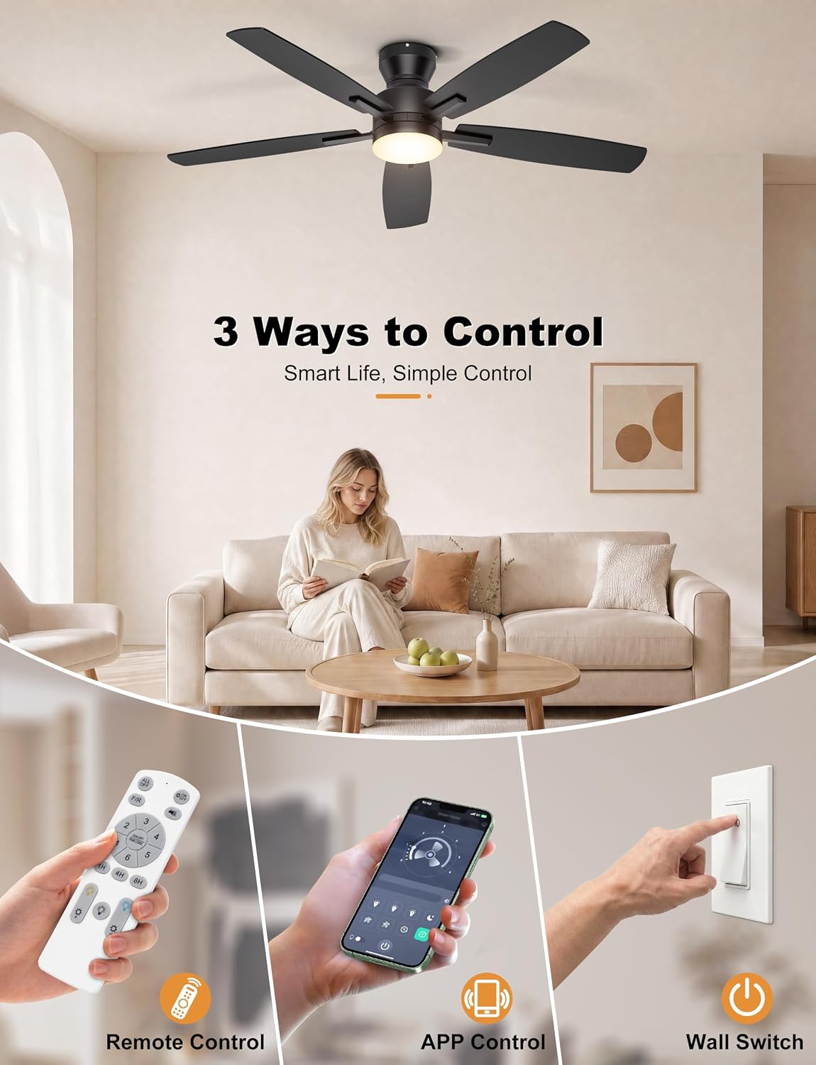Ohniyou 52-Inch Ceiling Fan with Dimmable LED Light, Black