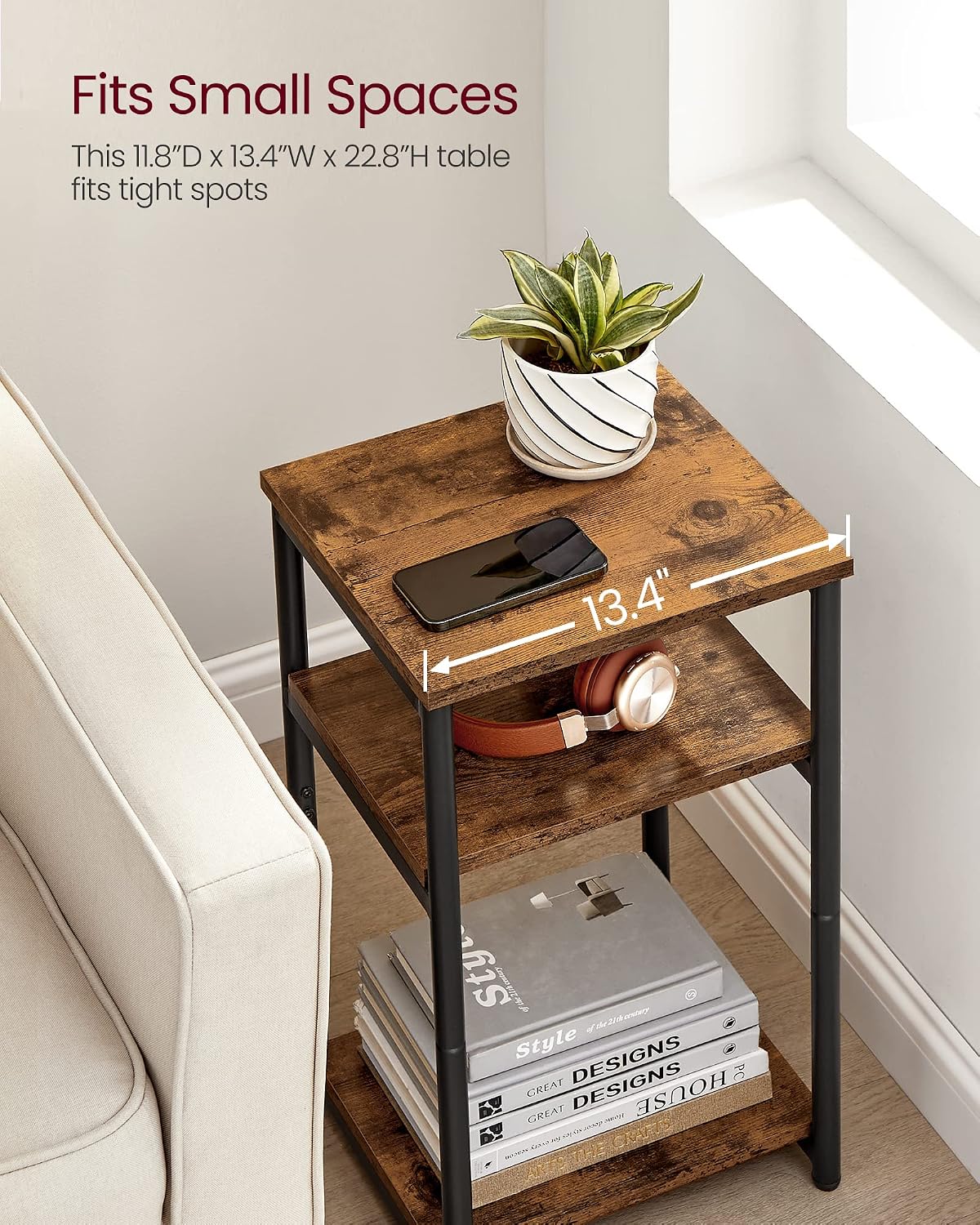 VASAGLE Three-Tier Rectangular Side Table, Rustic Brown and Ink Black