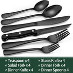 EWFEN Black Flatware with Steak Knives, 24-Piece Set