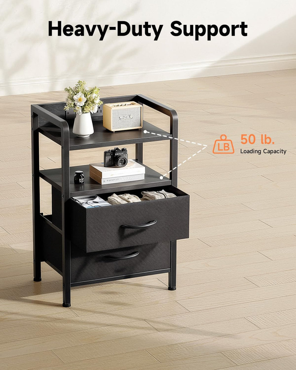 Lazzanto Two-Drawer Nightstand with Charging Station and LED Light, Black