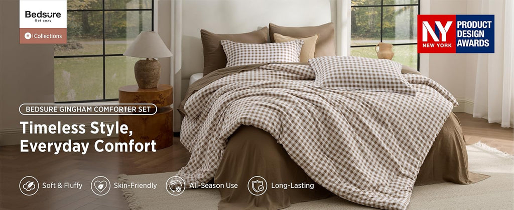 Bedsure Brown Gingham Queen Comforter Set, 3 Pieces