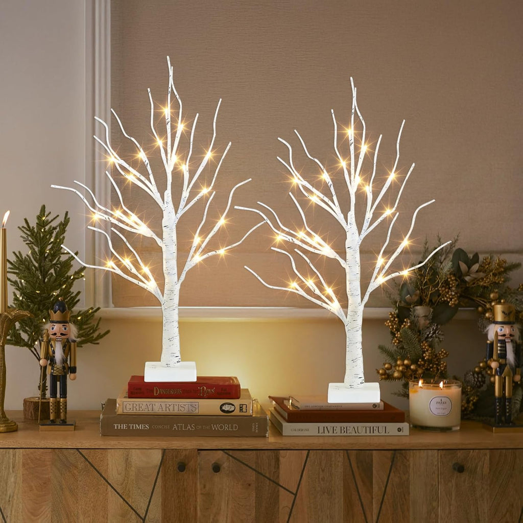 PEIDUO Lighted Birch-Style Tabletop Trees, 2 ft, Set of 2