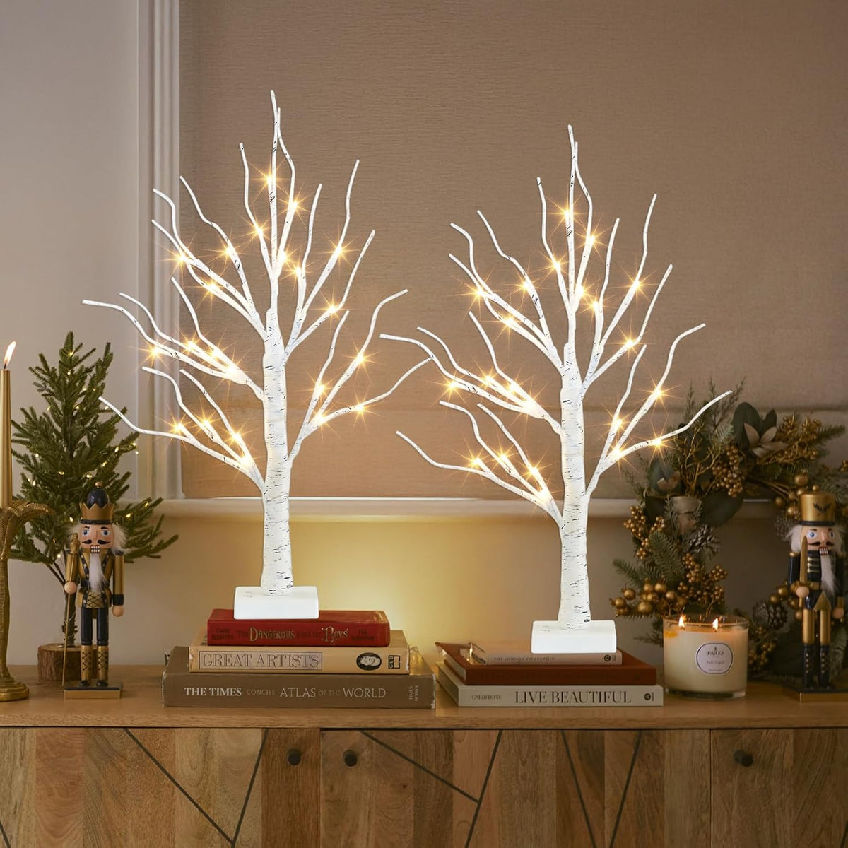 PEIDUO Lighted Birch-Style Tabletop Trees, 2 ft, Set of 2