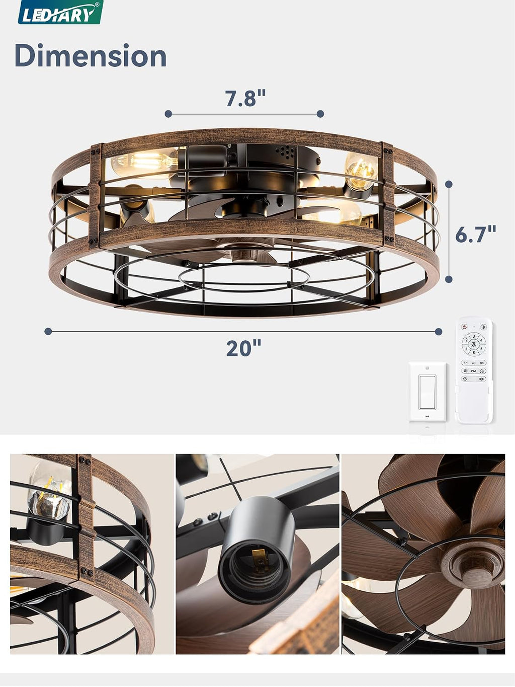 LEDIARY 20-Inch Caged Ceiling Fan, Black and Gold