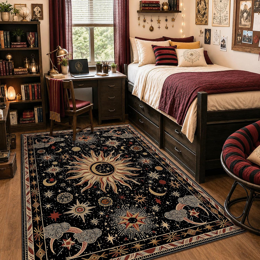meejou Sun and Moon Area Rug, Black/Gold/Beige/Red, 5 x 7 ft