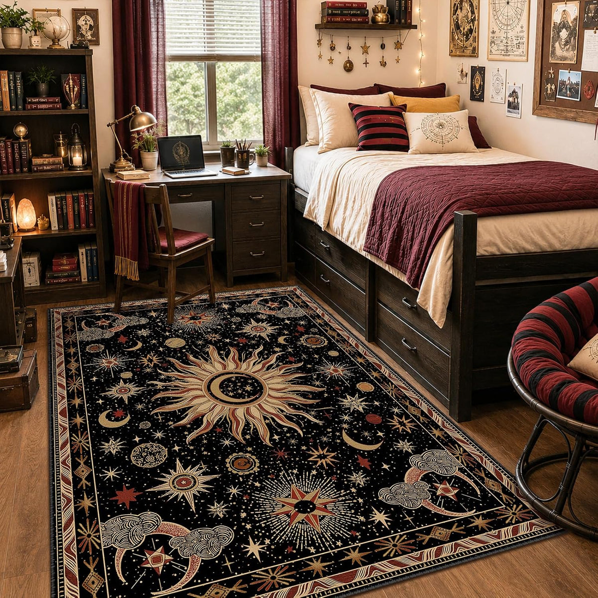meejou Sun and Moon Area Rug, Black/Gold/Beige/Red, 5 x 7 ft