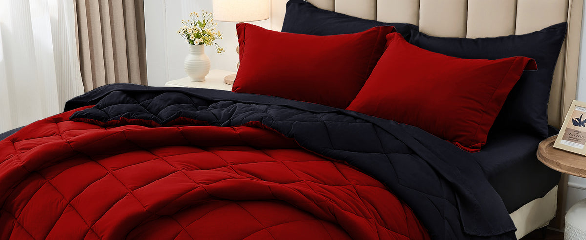 MUXHOMO Reversible Queen Bedding Set, 7 Pieces, Red and Black