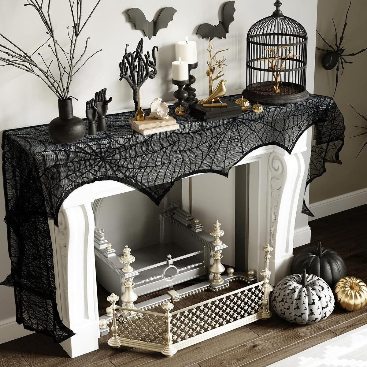 AerWo Black Lace Spiderweb Mantel Scarf