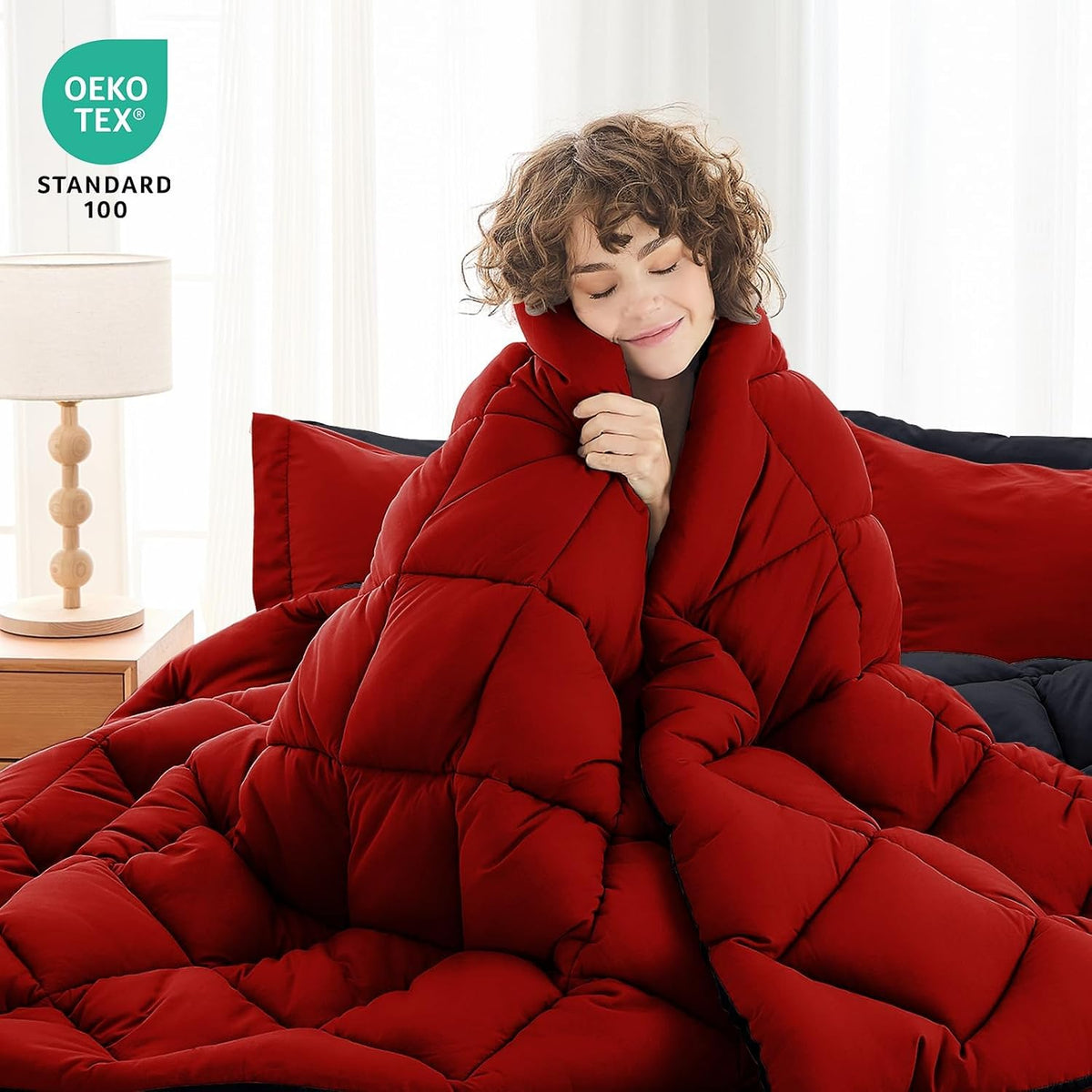 MUXHOMO Reversible Queen Bedding Set, 7 Pieces, Red and Black