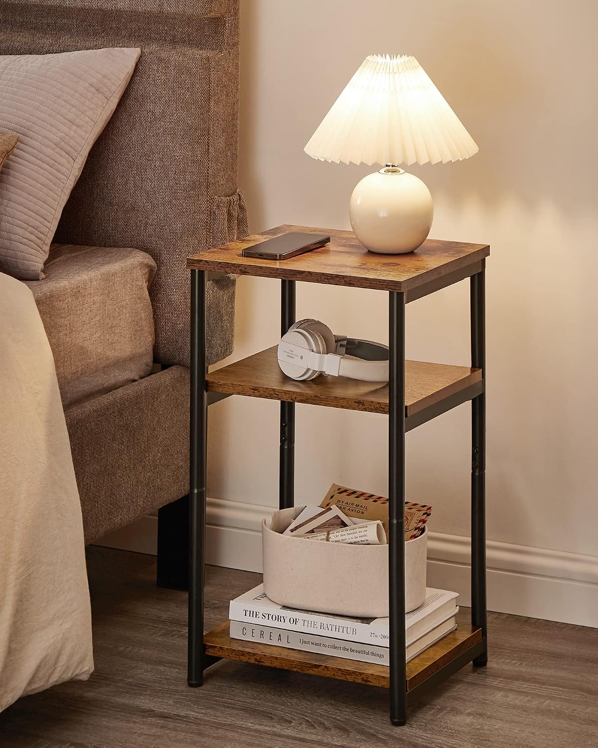 VASAGLE Three-Tier Rectangular Side Table, Rustic Brown and Ink Black