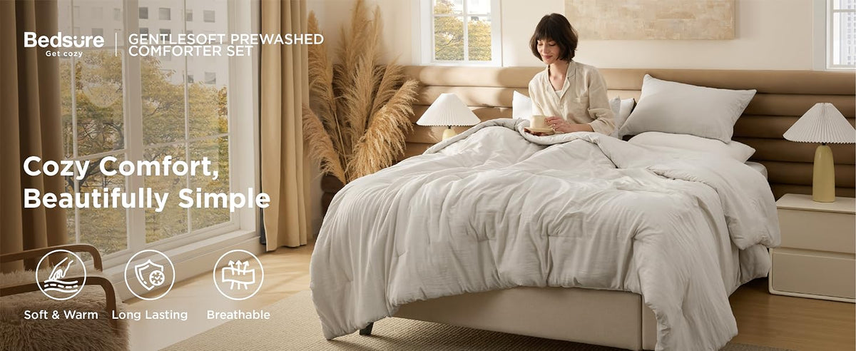 Bedsure Prewashed King Comforter Set, 3 Pieces, Beige