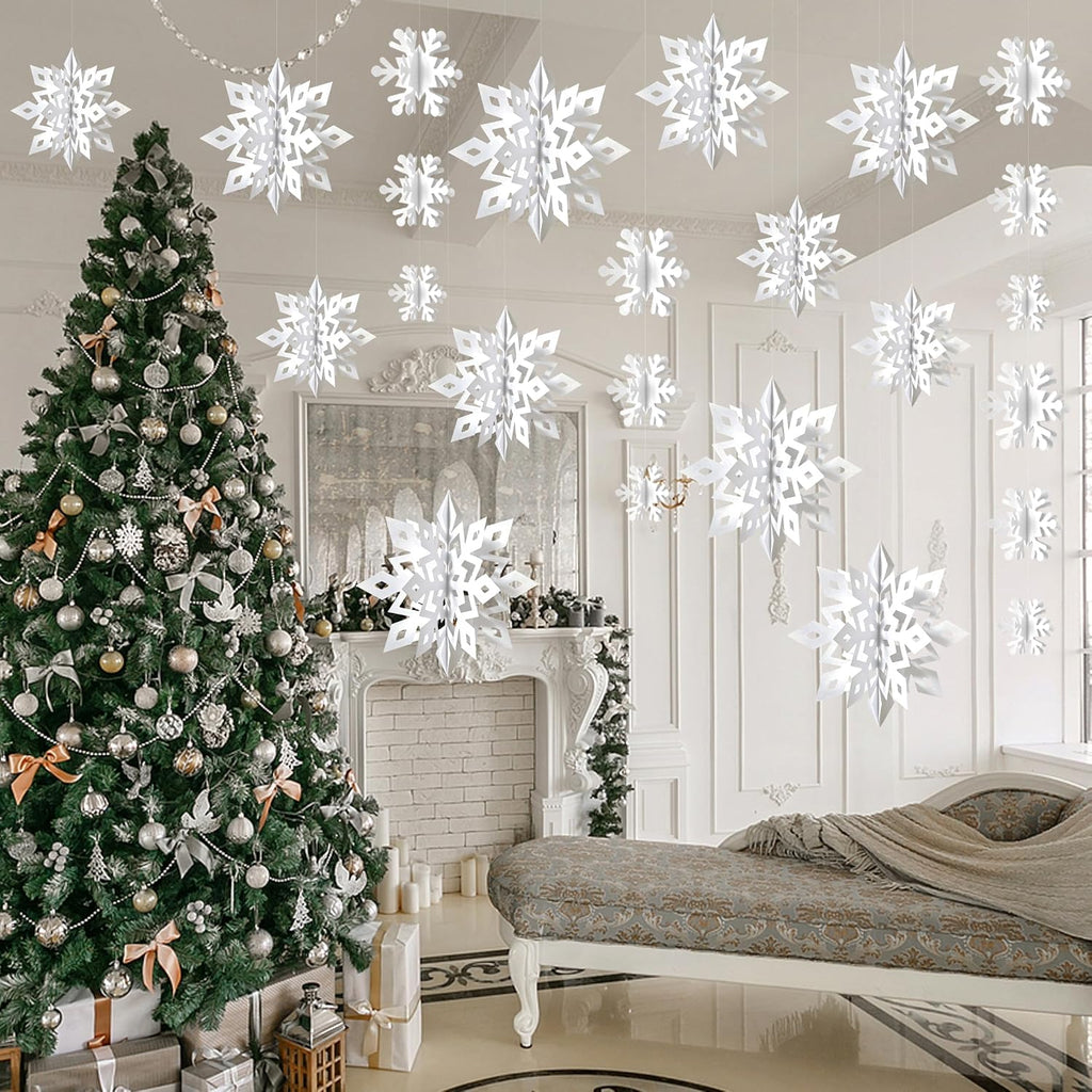 OuMuaMua White 3D Snowflake and Garland Set, 14 Pieces