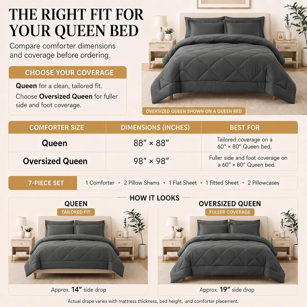 CozyLux Queen Comforter and Sheet Set, 7 Pieces, Dark Grey