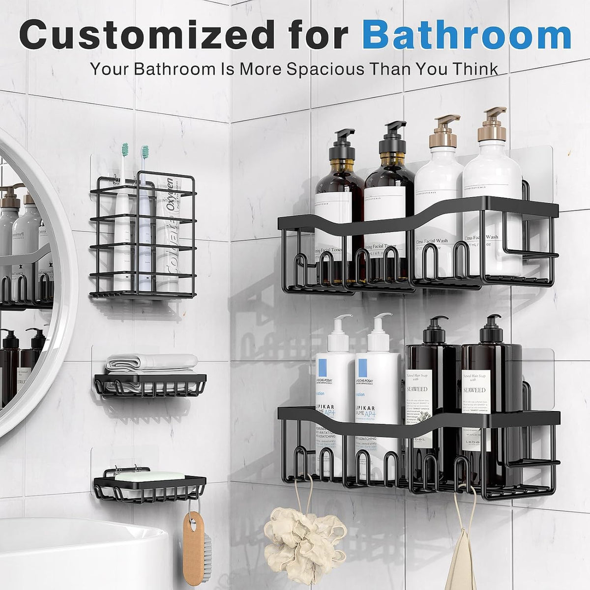 EUDELE Adhesive Bathroom Organizer Set, Black, 5 Pieces