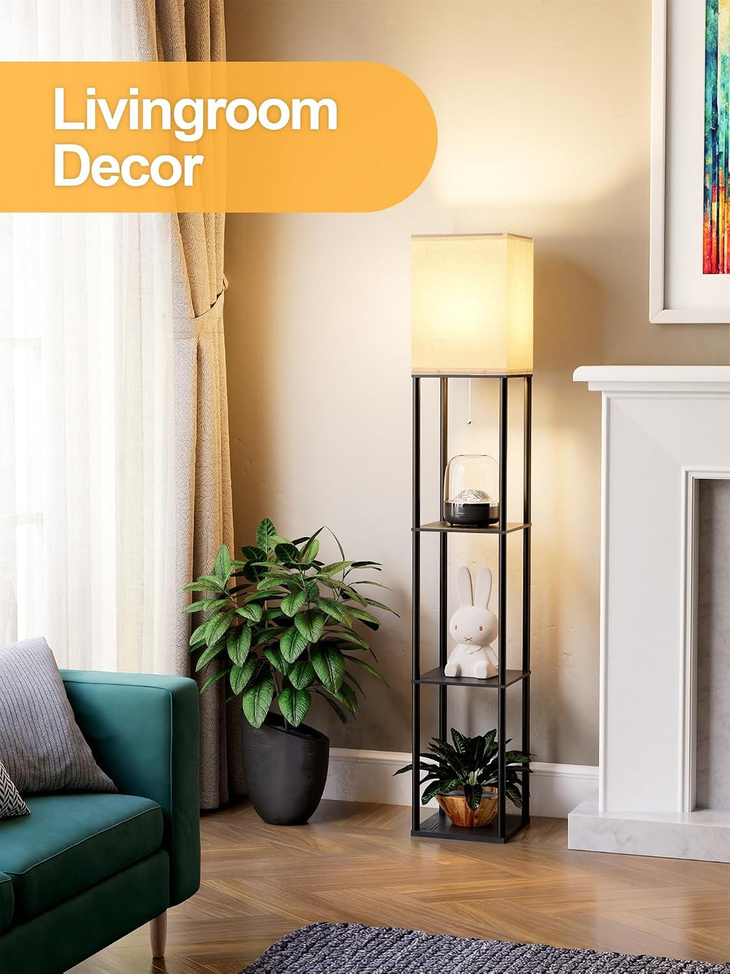 PARTPHONER Shelf Floor Lamp with Three-Color LED Bulb, Black