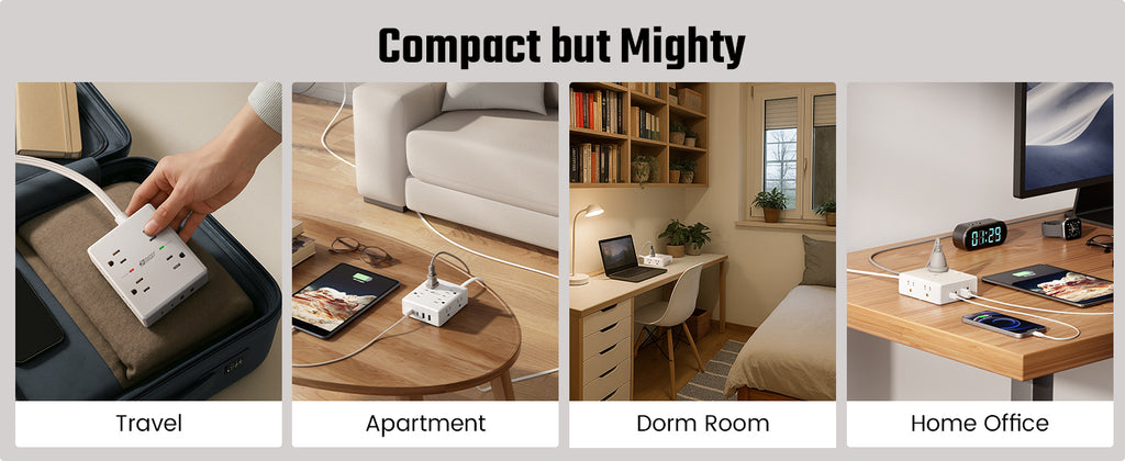 SUPERDANNY Flat-Plug Power Strip, White, 10 ft
