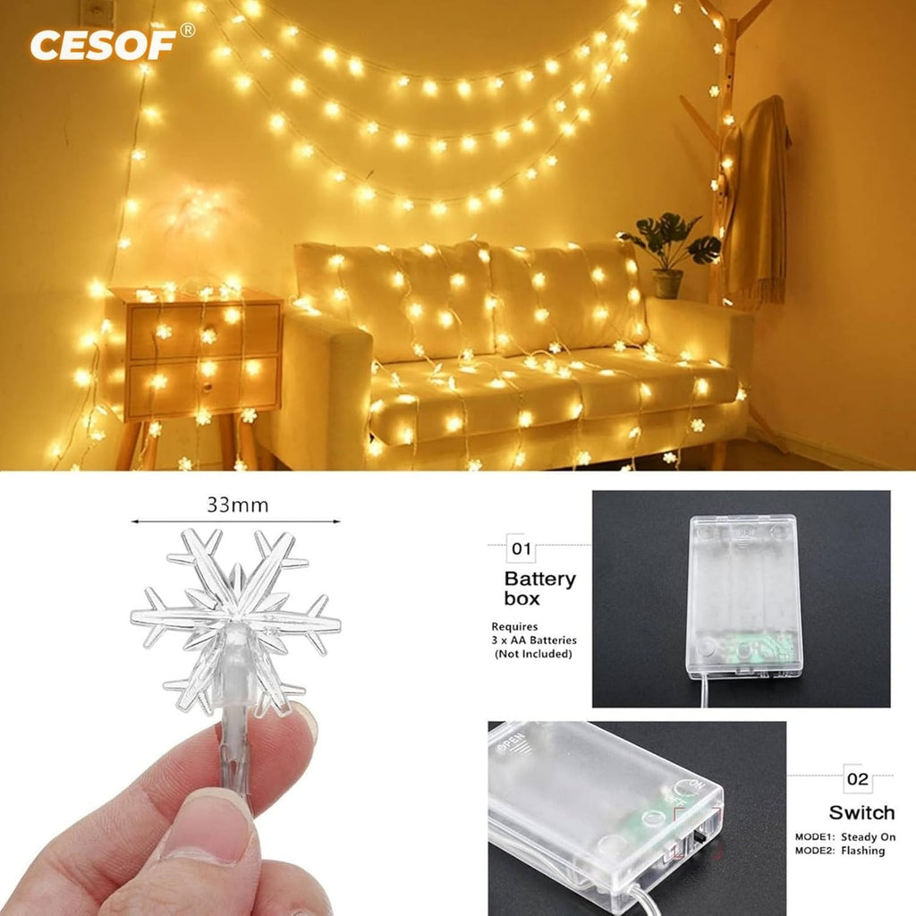 CESOF Warm White Snowflake String Lights, 20 ft