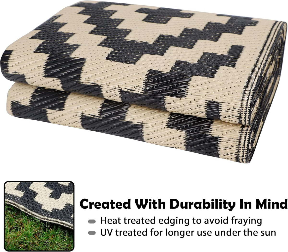 SAND MINE Reversible Outdoor Rug, Black and Beige, 5 x 8 ft