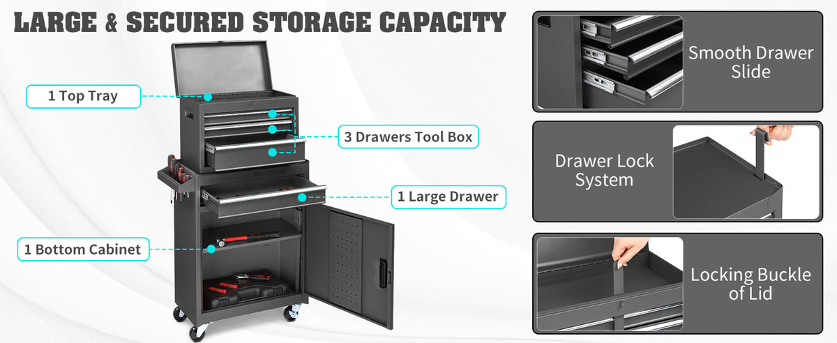 Winado 4-Drawer Rolling Tool Chest with Detachable Top – Black – Black / 55.00*32.00*68.00 cm – product detail