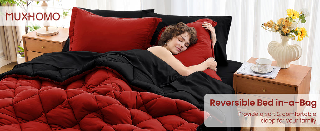 MUXHOMO Reversible Queen Bedding Set, 7 Pieces, Red and Black