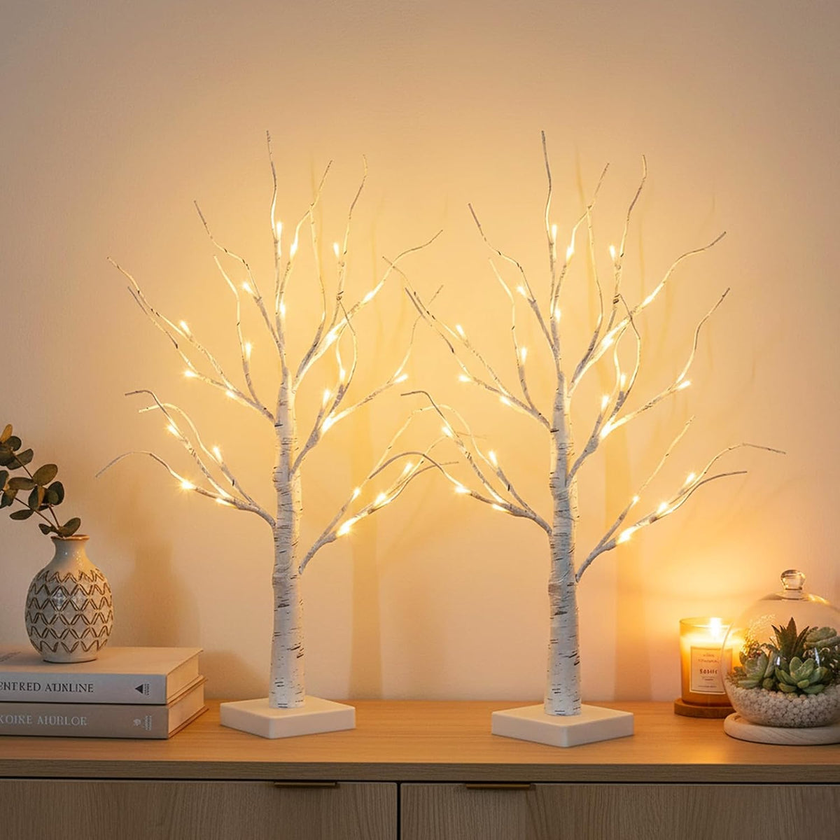 PEIDUO Lighted Birch-Style Tabletop Trees, 2 ft, Set of 2
