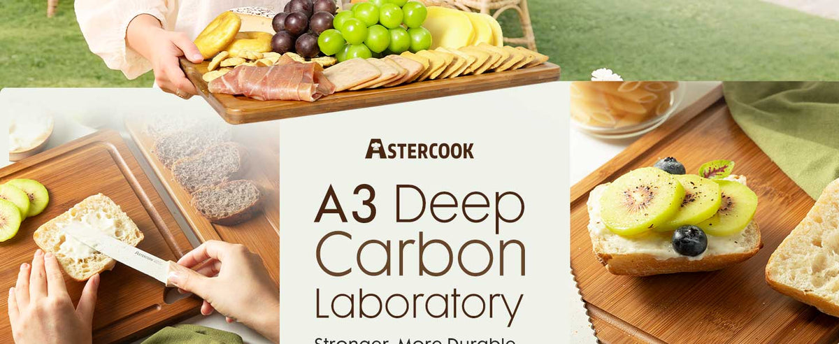 Astercook Carbonized Bamboo Cutting Boards with Stand, 3-Piece Set