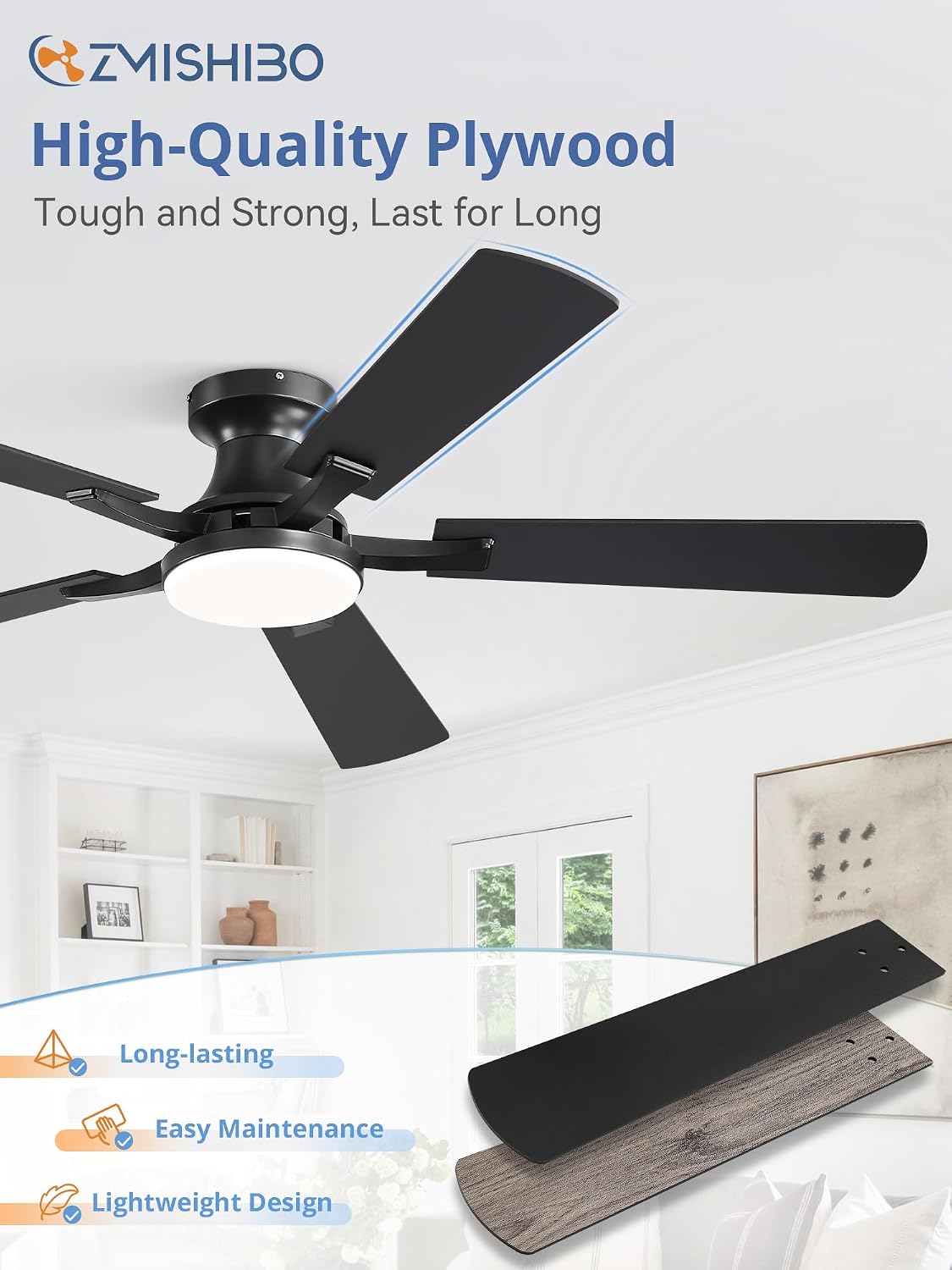 ZMISHIBO 52-Inch Flush-Mount Ceiling Fan with LED Light, Black