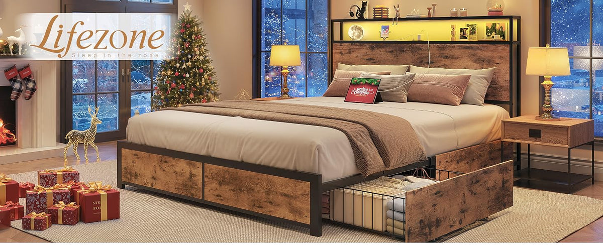 Lifezone Queen Storage Bed Frame with Charging Headboard and LED Lighting