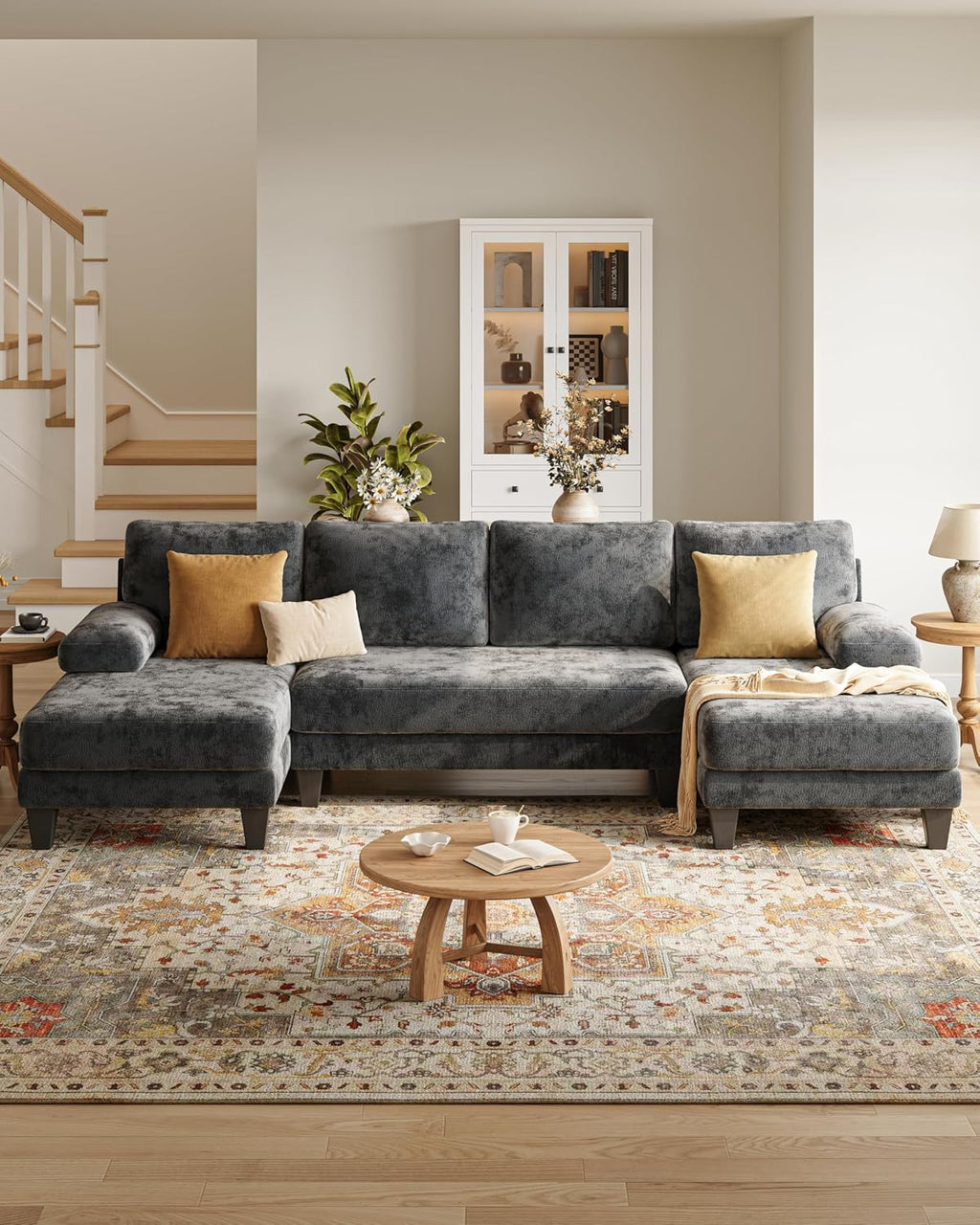 TROMIRY 112-Inch U-Shaped Chenille Sectional Sofa, Dark Grey